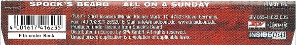 Spock's Beard : All On A Sunday (CD, Single, Enh)
