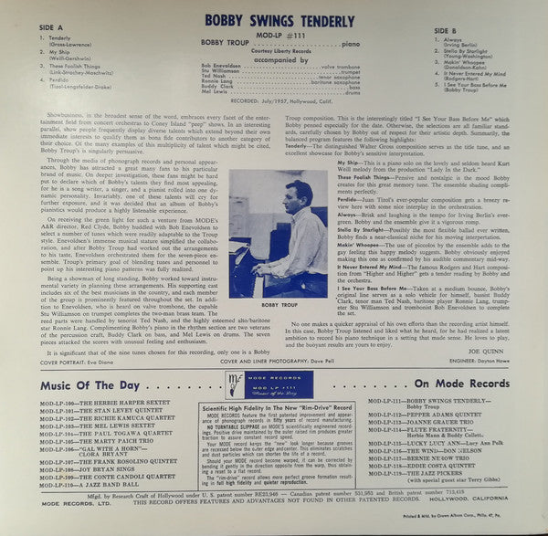 Bobby Troup : Bobby Swings Tenderly (LP, Album, Mono, RE)