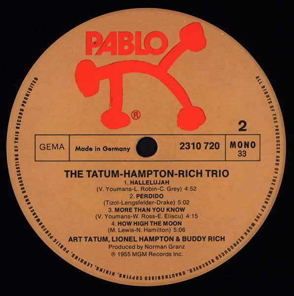 The Lionel Hampton - Art Tatum - Buddy Rich Trio : The Tatum • Hampton • Rich Trio (LP, Album, Mono)