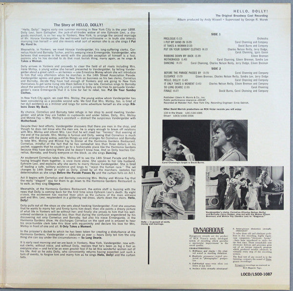 Jerry Herman / Starring Carol Channing Also Starring David Burns (6) With Eileen Brennan, Sondra Lee And Charles Nelson Reilly Presented By David Merrick (2) : Hello, Dolly! (The Original Broadway Cast Recording) (LP, Album, Mono, RP, Ind)