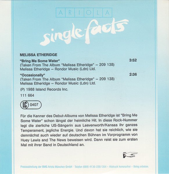 Melissa Etheridge : Bring Me Some Water (7", Single)