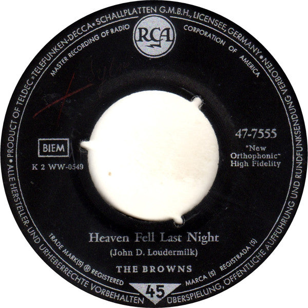 The Browns (3) : The Three Bells / Heaven Fell Last Night (7", Single)