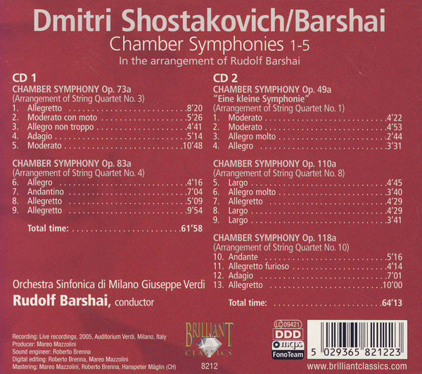 Dmitri Shostakovich / Rudolf Barshai, Orchestra Sinfonica Di Milano Giuseppe Verdi, Rudolf Barshai : Chamber Symphonies 1-5 (2xCD, Album, Dig)