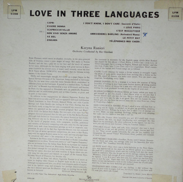 Katyna Ranieri : Love In Three Languages - L'Amour, L'Amore, Love (LP, Album)