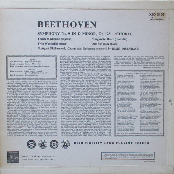 Ludwig van Beethoven — Franzi Wachmann, Margarethe Bence, Fritz Wunderlich, Otto von Rohr - Stuttgart Philharmonic Chorus And Stuttgarter Philharmoniker Conducted By Isaie Disenhaus : Ninth Symphony (LP, Album, Mono)