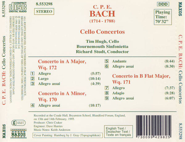 Carl Philipp Emanuel Bach, Tim Hugh, Bournemouth Sinfonietta, Richard Studt : Cello Concertos (CD, Album)
