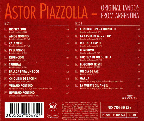 Astor Piazzolla : Original Tangos From Argentina (2xCD, Comp)