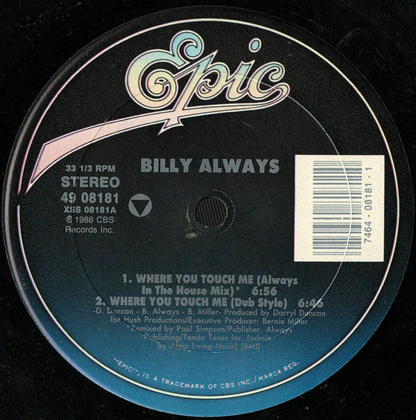 Billy Always : Where You Touch Me (12", Single)