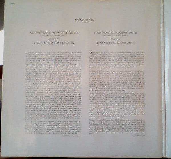 Manuel De Falla - London Sinfonietta, Sir Simon Rattle, Jennifer Smith (3), Alexander Oliver, Peter Knapp (2), John Constable : Les Tréteaux De Maître Pierre / Psyché . Concerto Pour Clavecin (LP, Album)