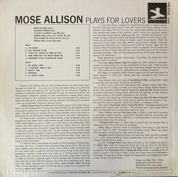 Mose Allison : Plays For Lovers (LP, Comp, RE, RM)