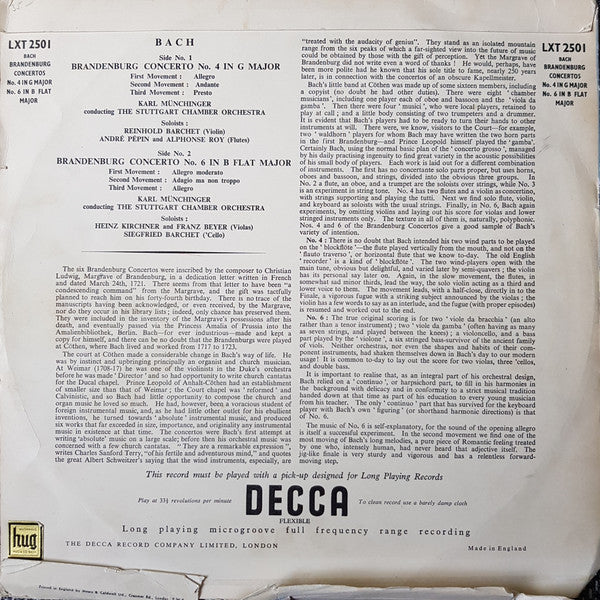 Bach* - Karl Münchinger Conducting The Stuttgart Chamber Orchestra* : Brandenburg Concertos No. 4 In G Major / No. 6 In B Flat Major (LP, Album, Mono, Ora)