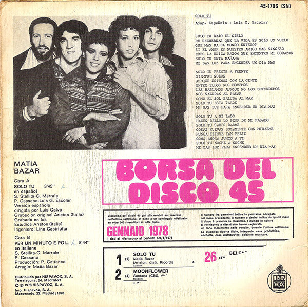 Matia Bazar : Canta En Español · Solo Tu (7", Single)