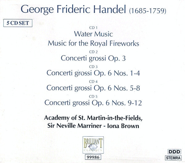 Georg Friedrich Händel - The Academy Of St. Martin-in-the-Fields : Water Music / Music For The Royal Fireworks / Concerti Grossi (Complete) (5xCD, Comp)