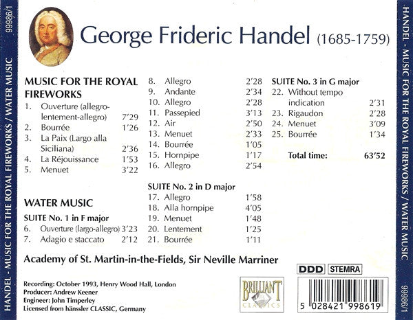 Georg Friedrich Händel - The Academy Of St. Martin-in-the-Fields : Water Music / Music For The Royal Fireworks / Concerti Grossi (Complete) (5xCD, Comp)