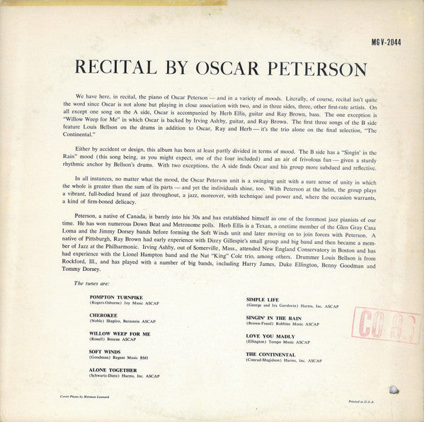 Oscar Peterson : Recital (LP, Album, Mono, RE)