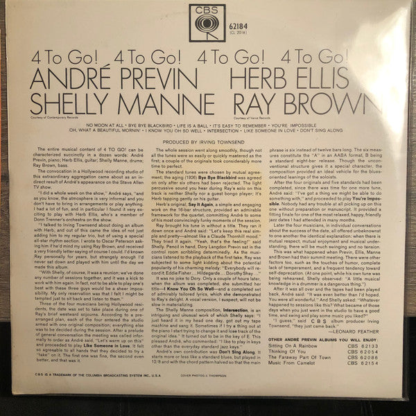 André Previn / Herb Ellis / Shelly Manne / Ray Brown : 4 To Go! (LP, Album, Mono)