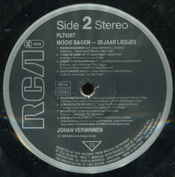 Johan Verminnen : Mooie Dagen (20 Jaar Liedjes) (LP, Comp)