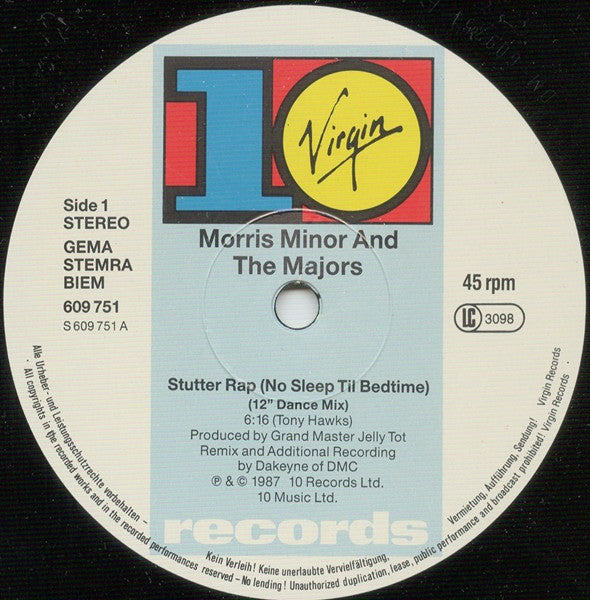Morris Minor And The Majors : Stutter Rap (No Sleep Til Bedtime) (12" Dance Mix) (12", Single)