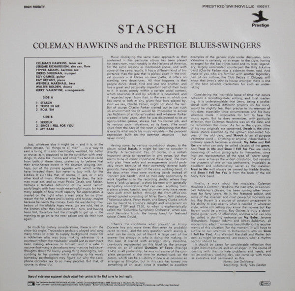 The Prestige Blues-Swingers Featuring: Coleman Hawkins : Stasch (LP, Album, RE, Spe)