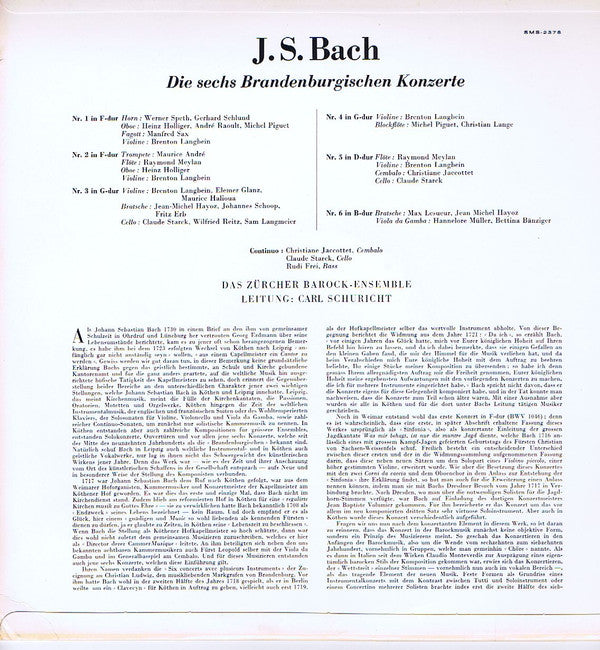 Johann Sebastian Bach – Ensemble Baroque De Zurich - Carl Schuricht : Die Sechs Brandenburgischen Konzerte (2xLP)