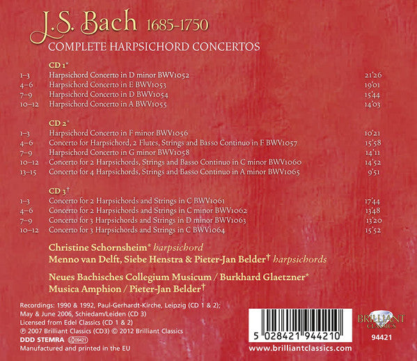 Christine Schornsheim, Menno Van Delft, Siebe Henstra, Pieter-Jan Belder, Neues Bachisches Collegium Musicum Leipzig, Burkhard Glaetzner, Musica Amphion, Johann Sebastian Bach : Complete Harpsichord Concertos (3xCD)