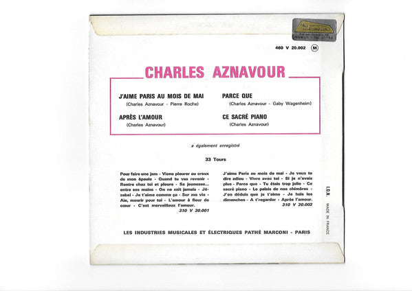 Charles Aznavour : J'aime Paris Au Mois De Mai (7", EP)