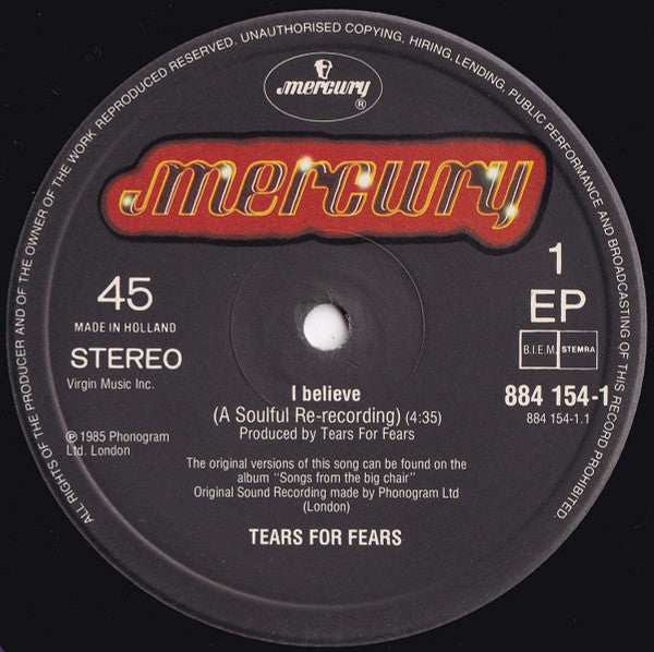 Tears For Fears : I Believe (A Soulful Re-Recording) (12", EP)
