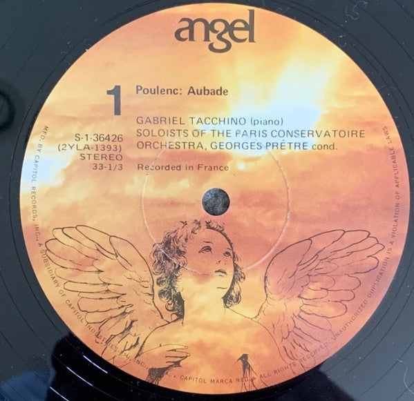 Francis Poulenc - Gabriel Tacchino • Orchestre De La Société Des Concerts Du Conservatoire Conducted By Georges Prêtre : Concerto For Piano And Orchestra (1950) / Aubade For Piano And 18 Instruments (LP, Album, RP)