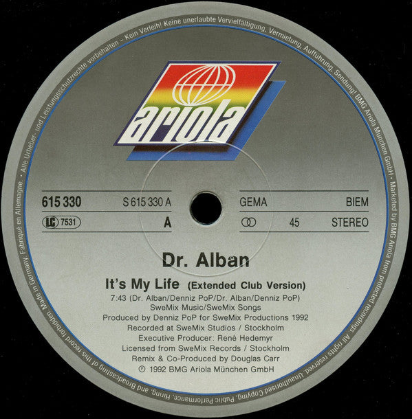 Dr. Alban : It's My Life (12", Maxi)