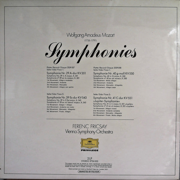 Wolfgang Amadeus Mozart, Ferenc Fricsay, Wiener Symphoniker : Symphonies  Nos. 29-39-40-41 (2xLP, Gat)