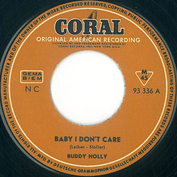 Buddy Holly And The Crickets (2) : Baby I Don't Care / Valley Of Tears (7", Single, Mono)