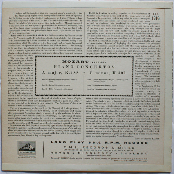 Wolfgang Amadeus Mozart - Solomon (6), Philharmonia Orchestra, Herbert Menges : Piano Concertos A Major K. 488 / C Minor K. 491 (LP, Mono)