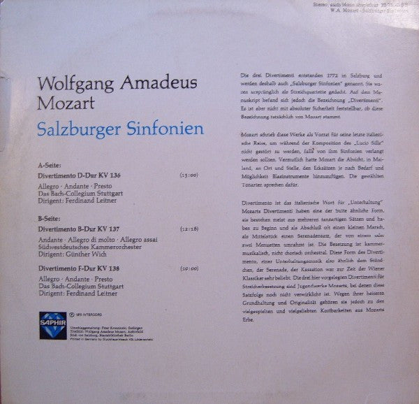 Wolfgang Amadeus Mozart / Bachcollegium Stuttgart - Ferdinand Leitner / Südwestdeutsches Kammerorchester - Günther Wich : Salzburger Sinfonien (LP)