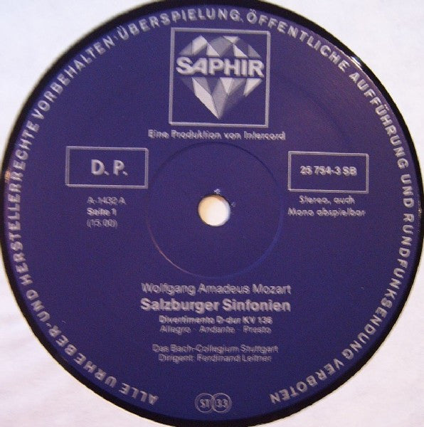 Wolfgang Amadeus Mozart / Bachcollegium Stuttgart - Ferdinand Leitner / Südwestdeutsches Kammerorchester - Günther Wich : Salzburger Sinfonien (LP)