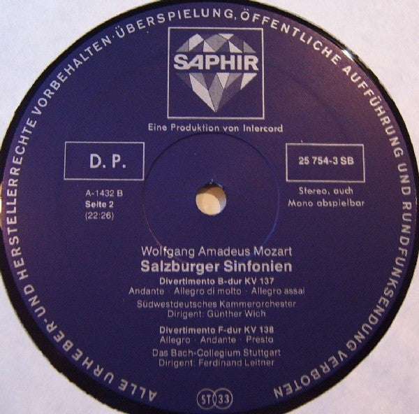 Wolfgang Amadeus Mozart / Bachcollegium Stuttgart - Ferdinand Leitner / Südwestdeutsches Kammerorchester - Günther Wich : Salzburger Sinfonien (LP)