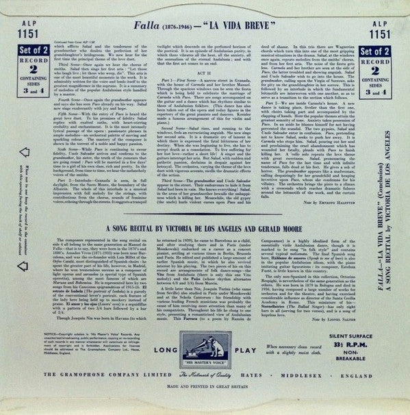 Manuel De Falla • Victoria De Los Angeles / Ernesto Halffter / Gerald Moore : La Vida Breve / A Song Recital (2xLP, Album, Mono)