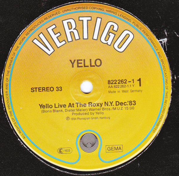 Yello : Live At The Roxy N.Y. Dec 83 (12", S/Sided, Ora)