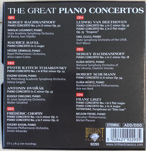 Ludwig van Beethoven, Frédéric Chopin, Robert Schumann, Franz Liszt, Pyotr Ilyich Tchaikovsky, Sergei Vasilyevich Rachmaninoff, Maurice Ravel, Yevgeny Kissin, Hélène Grimaud, Emil Gilels, Nikolai Lugansky, Klára Würtz, Nelson Freire : The Great Piano Concertos (6xCD, Comp)