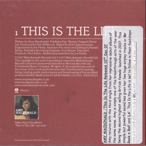 Amy Macdonald : This Is The Life (CD, Single, Promo)