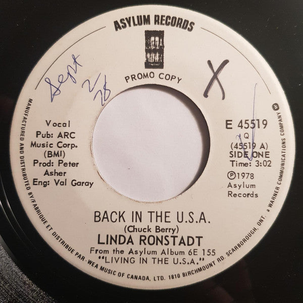 Linda Ronstadt : Back In The U.S.A. (7", Promo)