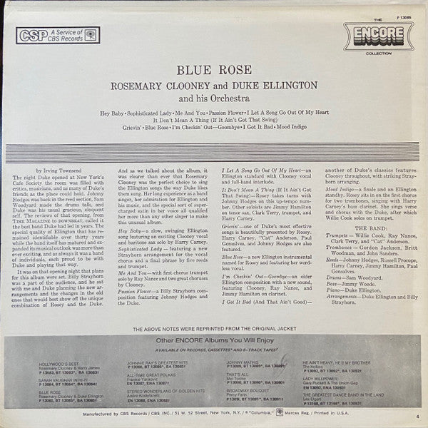 Rosemary Clooney And Duke Ellington And His Orchestra : Blue Rose (LP, Album, RE)