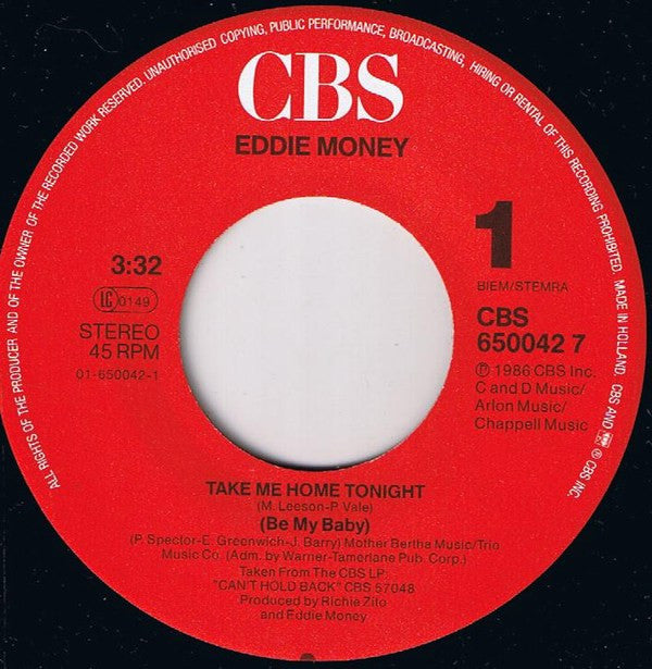 Eddie Money : Take Me Home Tonight (7", Single)