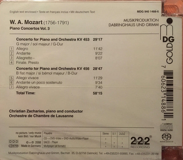 Wolfgang Amadeus Mozart, Christian Zacharias, Orchestre De Chambre De Lausanne : Piano concerto vol. 3 (SACD, Hybrid, Multichannel)