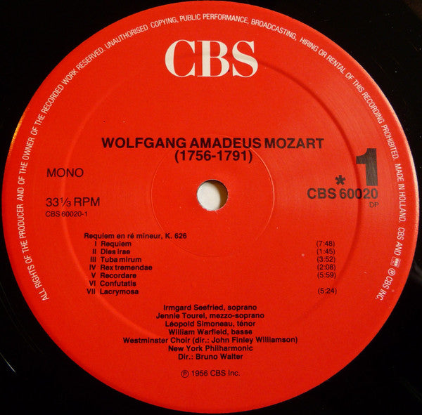 Wolfgang Amadeus Mozart, Bruno Walter, New York Philharmonic : Requiem (LP, Album, Mono)