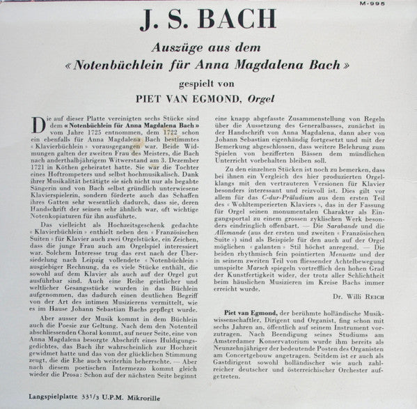 Johann Sebastian Bach, Piet Van Egmond : Orgelkonzert (7")
