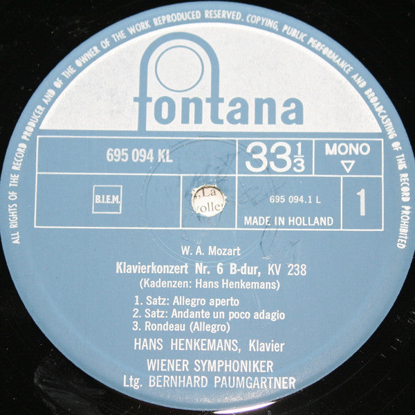Wolfgang Amadeus Mozart, Hans Henkemans, Wiener Symphoniker, Bernhard Paumgartner : Klavierkonzert Nr. 6 B-dur, KV 238 / Nr. 25 C-dur, KV 503 (LP, Mono)