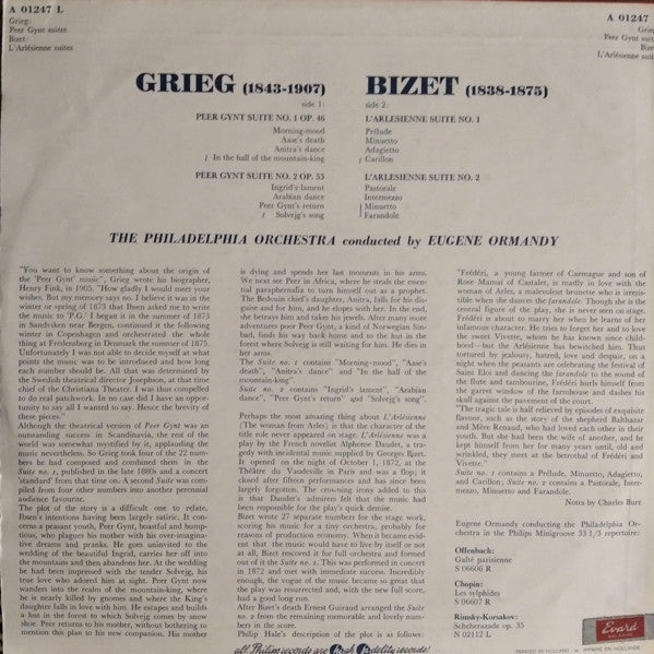 Eugene Ormandy Conducts The Philadelphia Orchestra / Edvard Grieg, Georges Bizet : Peer Gynt Suites No 1 And No 2 & L'arlesienne Suites No 1 And No2 (LP)