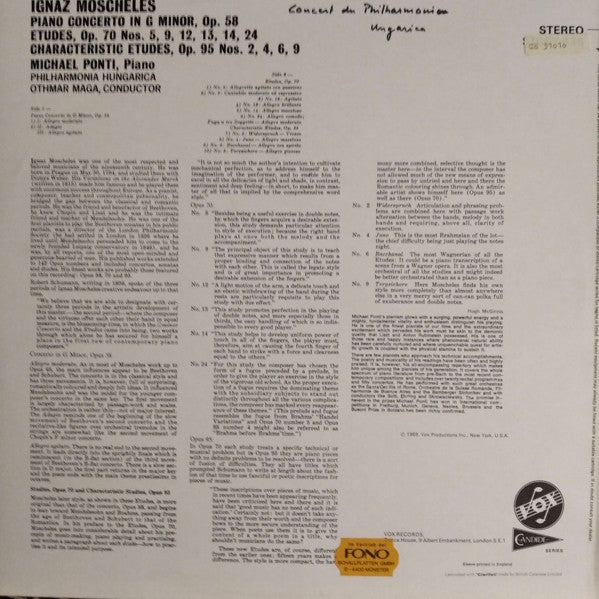 Ignaz Moscheles - Michael Ponti, Philharmonia Hungarica, Othmar F. M. Mága : Piano Concerto, Op. 58 / Etudes, Op. 70 Nos. 5, 9, 12, 13, 14, 24 / Etudes, Op. 95 Nos. 2, 4, 6, 9 (LP, Album)
