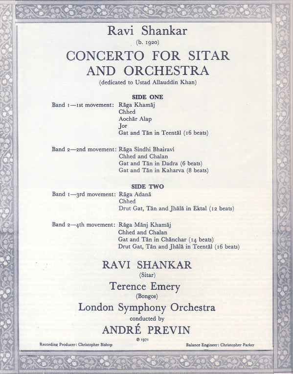 Ravi Shankar - André Previn, London Symphony Orchestra : Concerto For Sitar & Orchestra (LP, Album, RE)