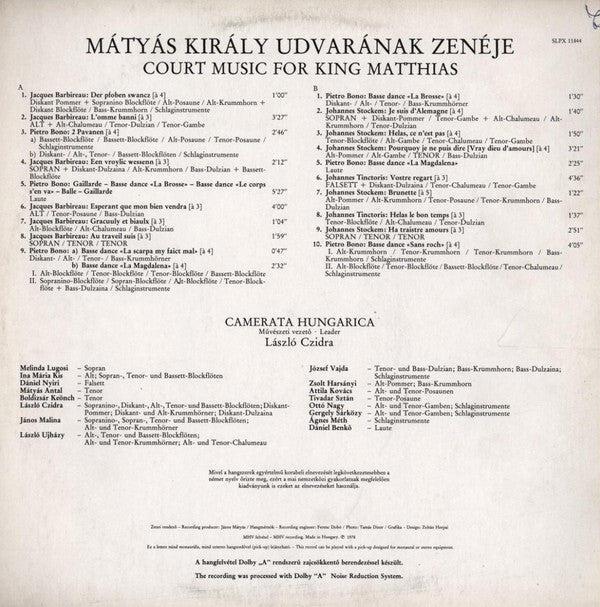 Camerata Hungarica, László Czidra : Court Music For King Matthias (LP)